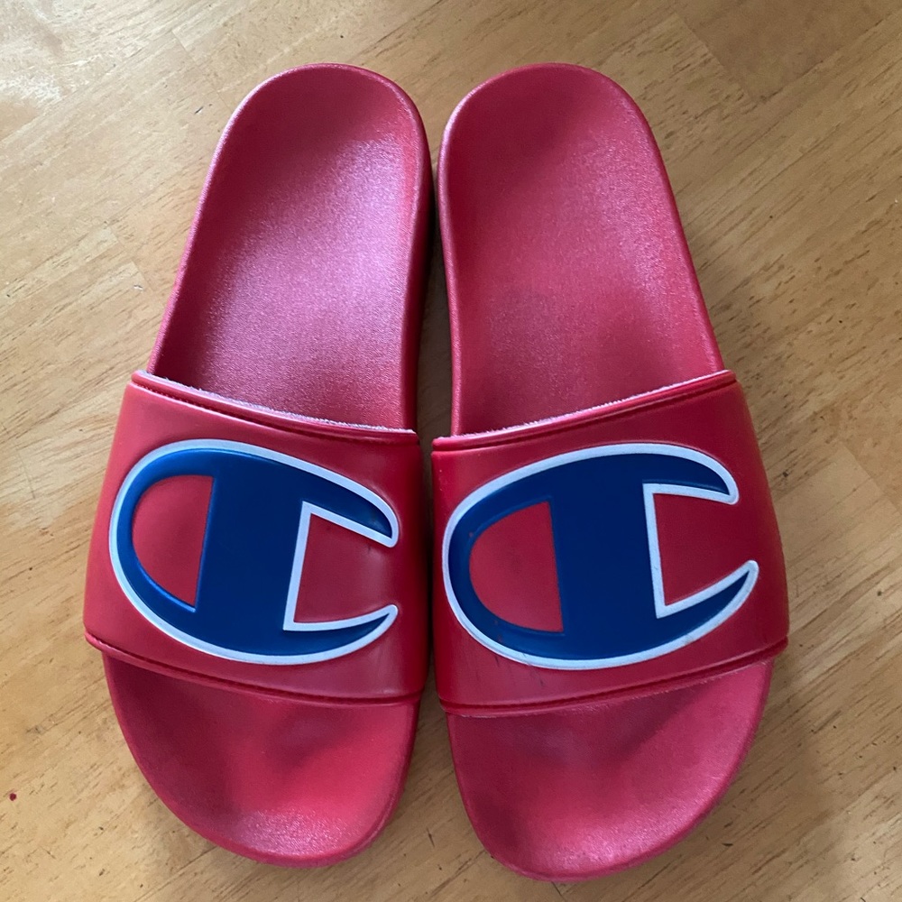 Champion Red Slide Sandals with Blue Logo